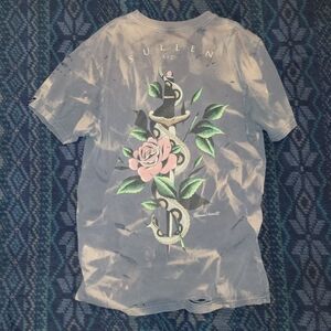 Sullen Destroyed Gray Graphic T-Shirt with Snake and Rose Design